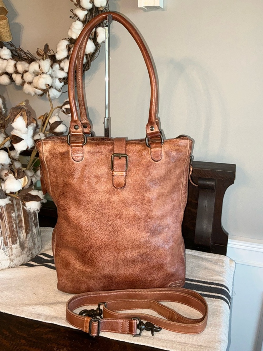 Bed Stu Cognac Brown Leather Tote with Buckle Accent